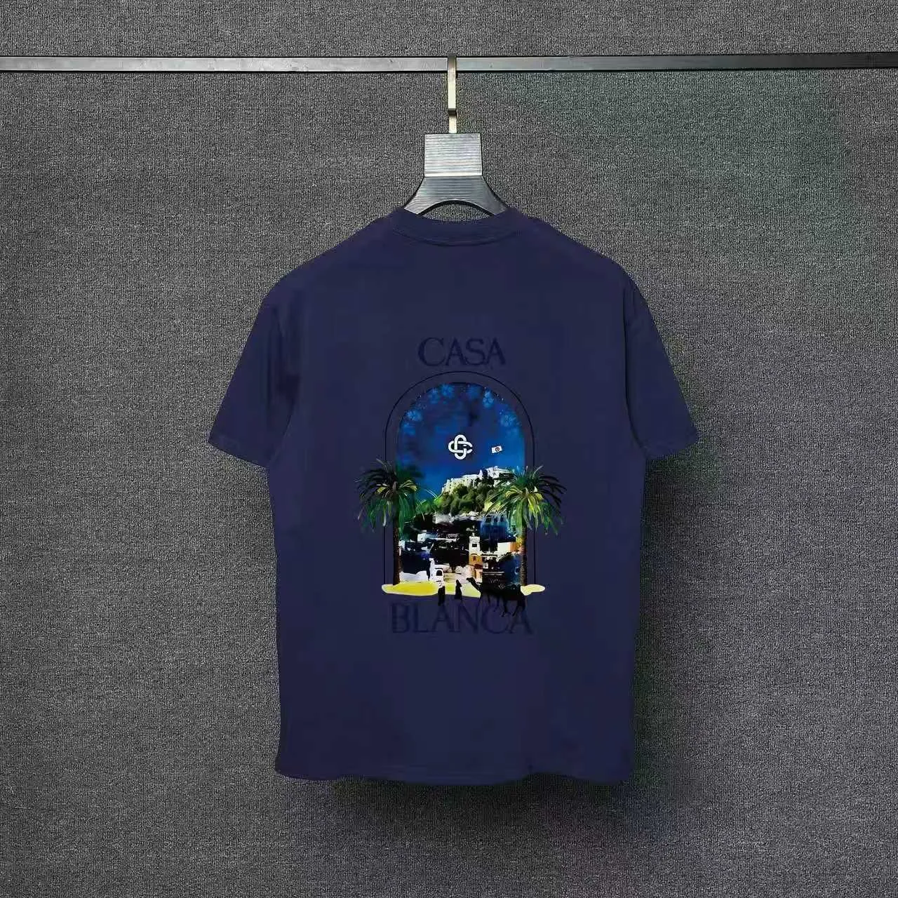 26ss CASABLANCA original printing process short-sleeved T-shirt original development using high-density double yarn pure cotton fabric upper body soft and comfortable color Black White Dark Green color Orange Pink Blue Royal Blue color cigarette powder 8 colors Sizes S M L XL